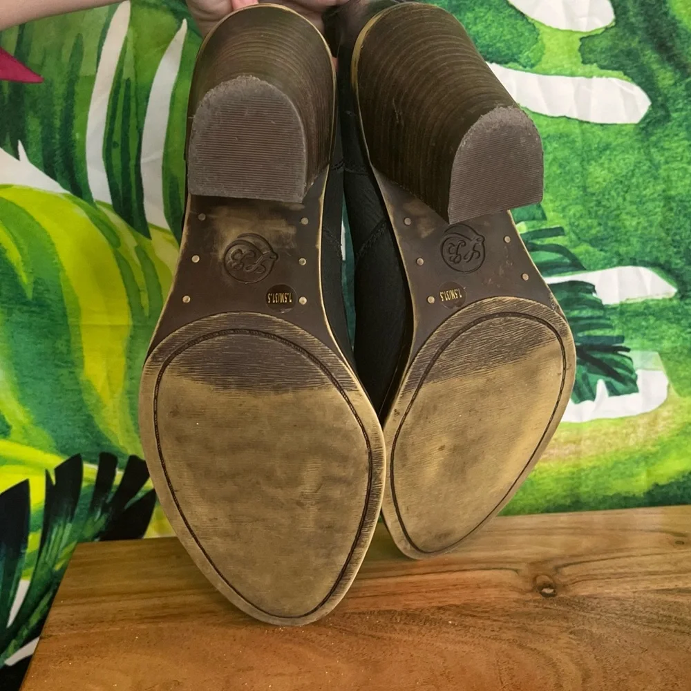 Lucky Brand 7.5 Black Brown Leather Chunky Heel Casual Fall Winter Booties